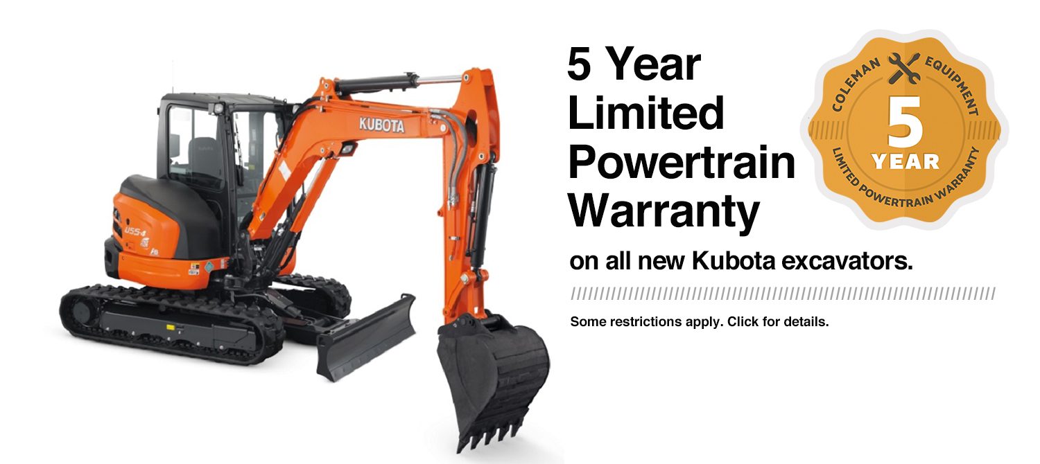 Coleman Equipment 5-Year Warranty on Kubota Excavators